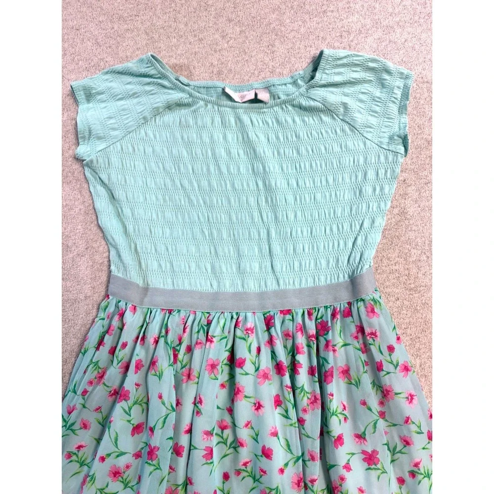 Girls Childrens Place Floral Dress Size L Green Pink Flutter Sleeve‎ Twirl Party